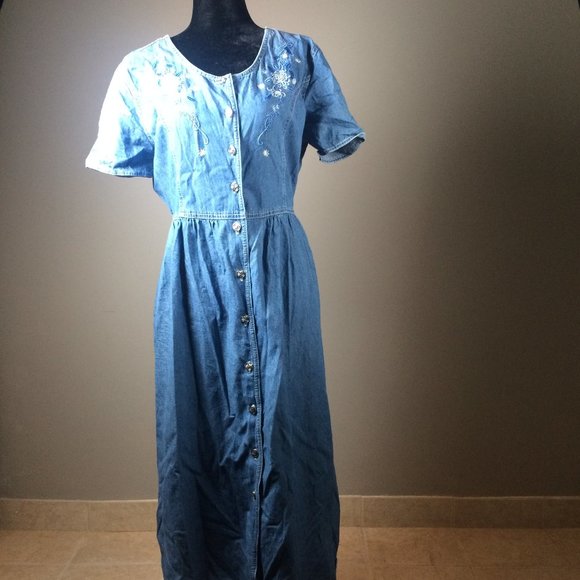 Denim dress with flower embroideries from 90's with art deco buttons up - Picture 4 of 6